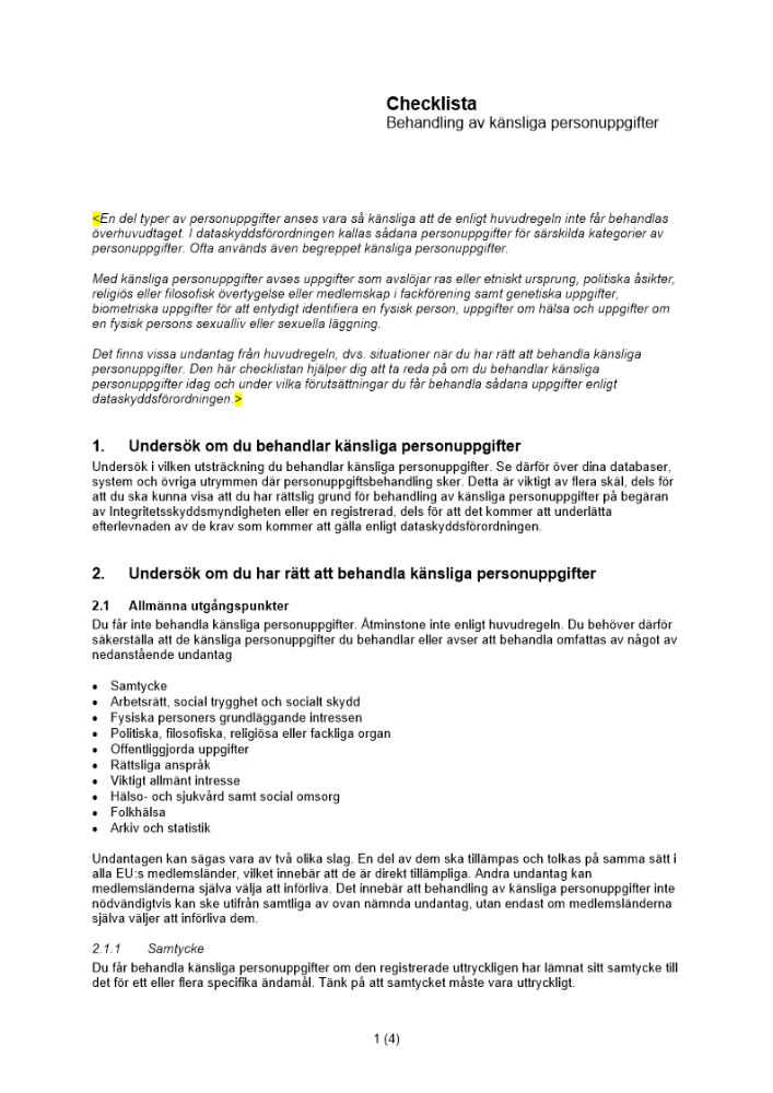 Checklista behandling av känsliga personuppgifter