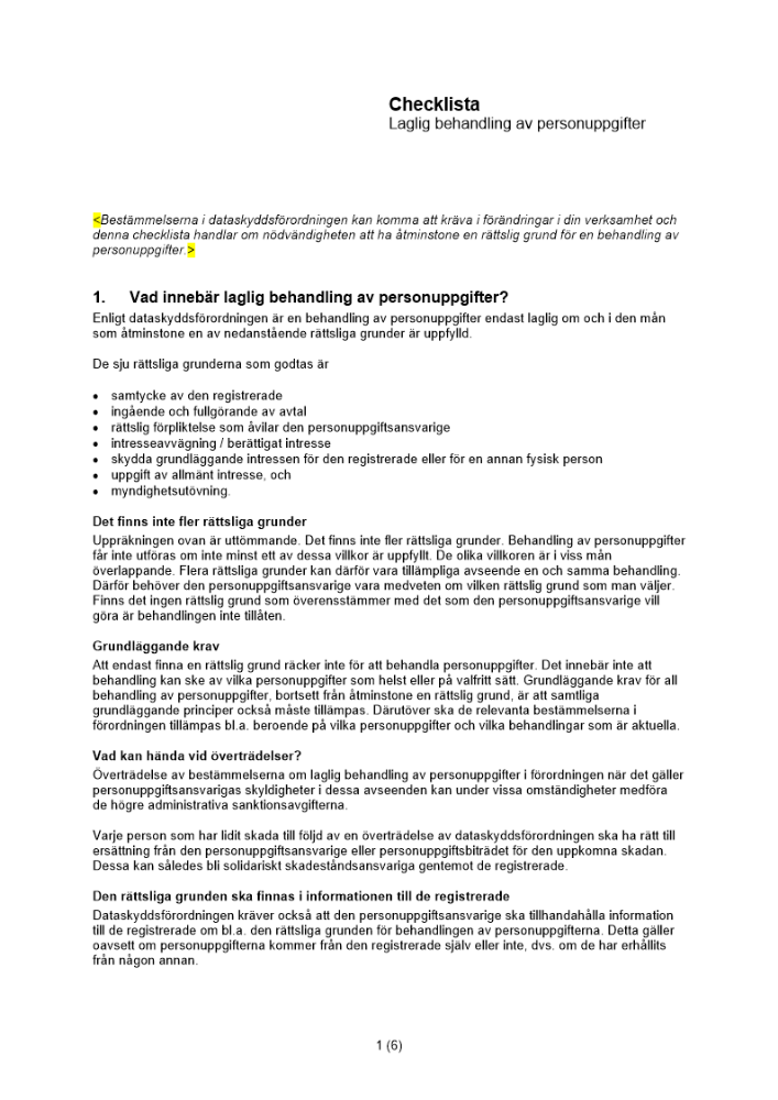 Checklista Laglig behandling av personuppgifter