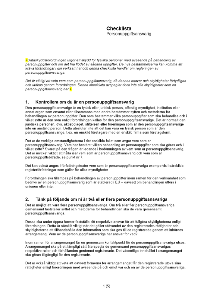 Checklista personuppgiftsansvarig