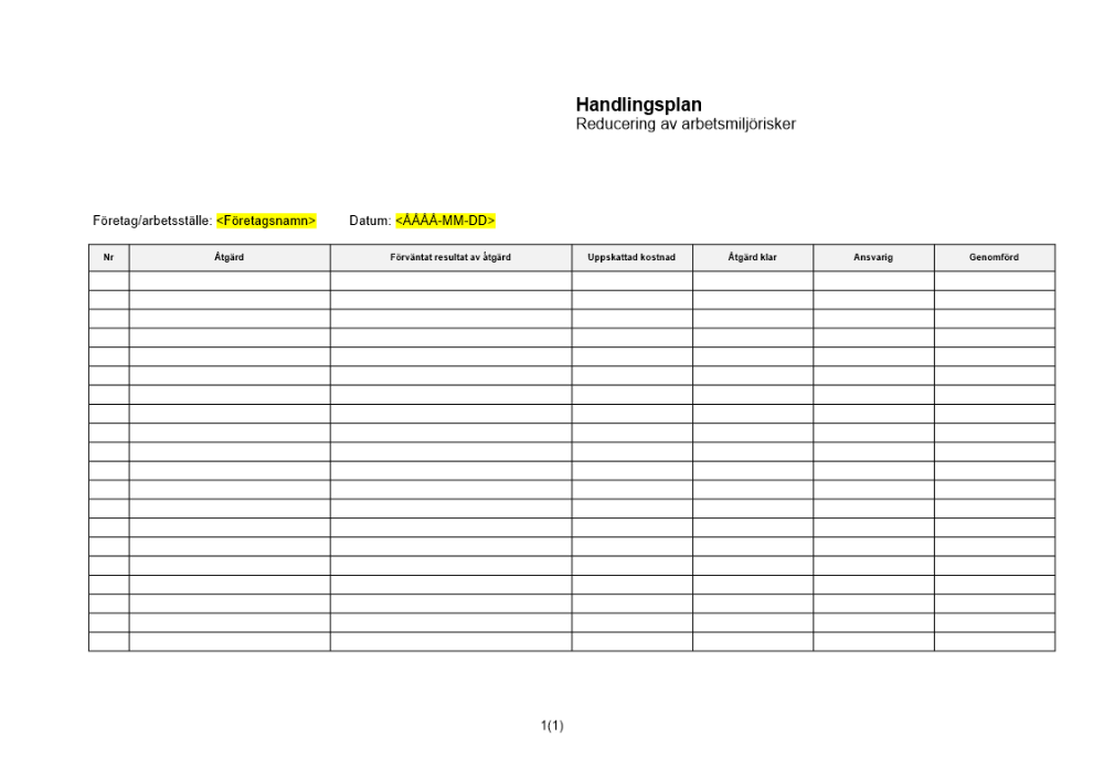 Handlingsplan för reducering av arbetsmiljörisker