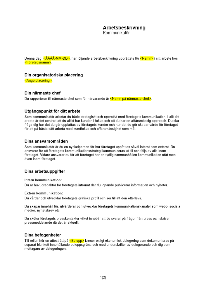 Arbetsbeskrivning kommunikatör