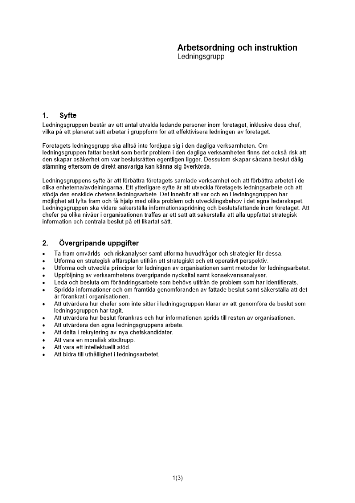 Arbetsordning och instruktion ledningsgrupp