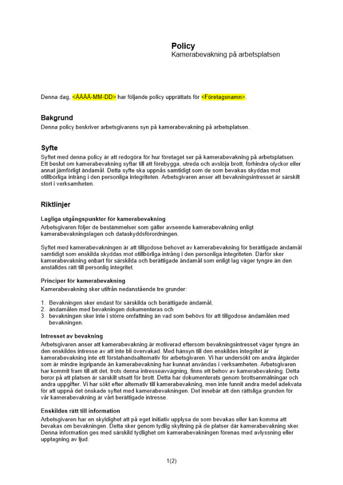 Policy för kamerabevakning på arbetsplatsen
