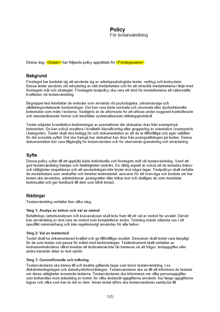 Policy för testanvändning