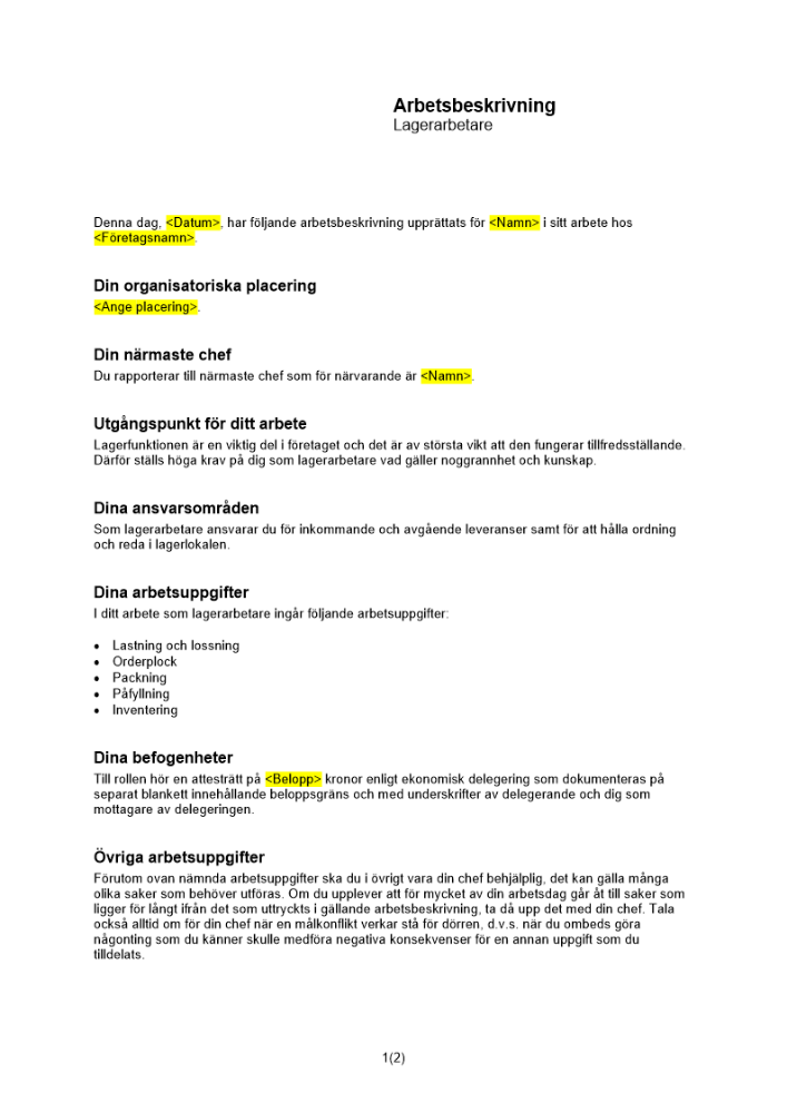 Arbetsbeskrivning lagerarbetare