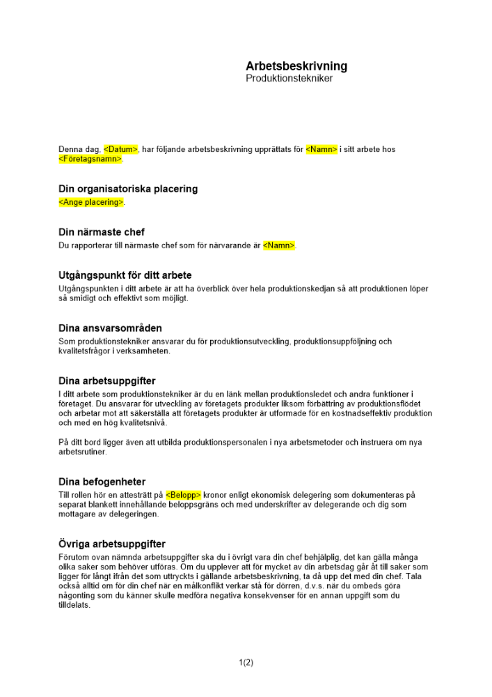 Arbetsbeskrivning produktionstekniker