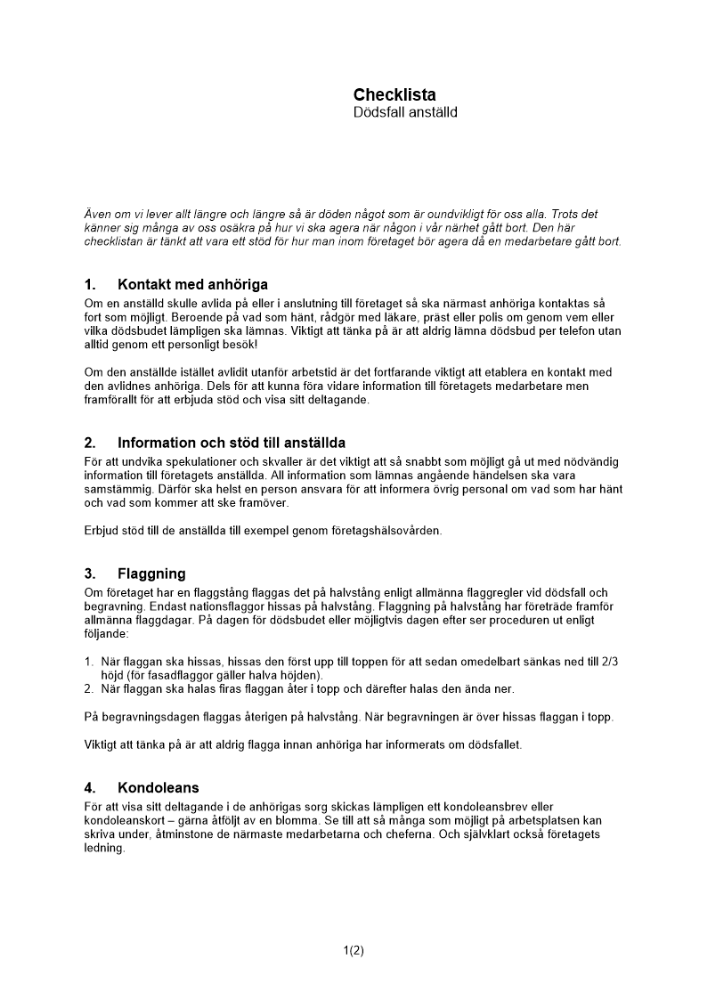 Checklista dödsfall anställd