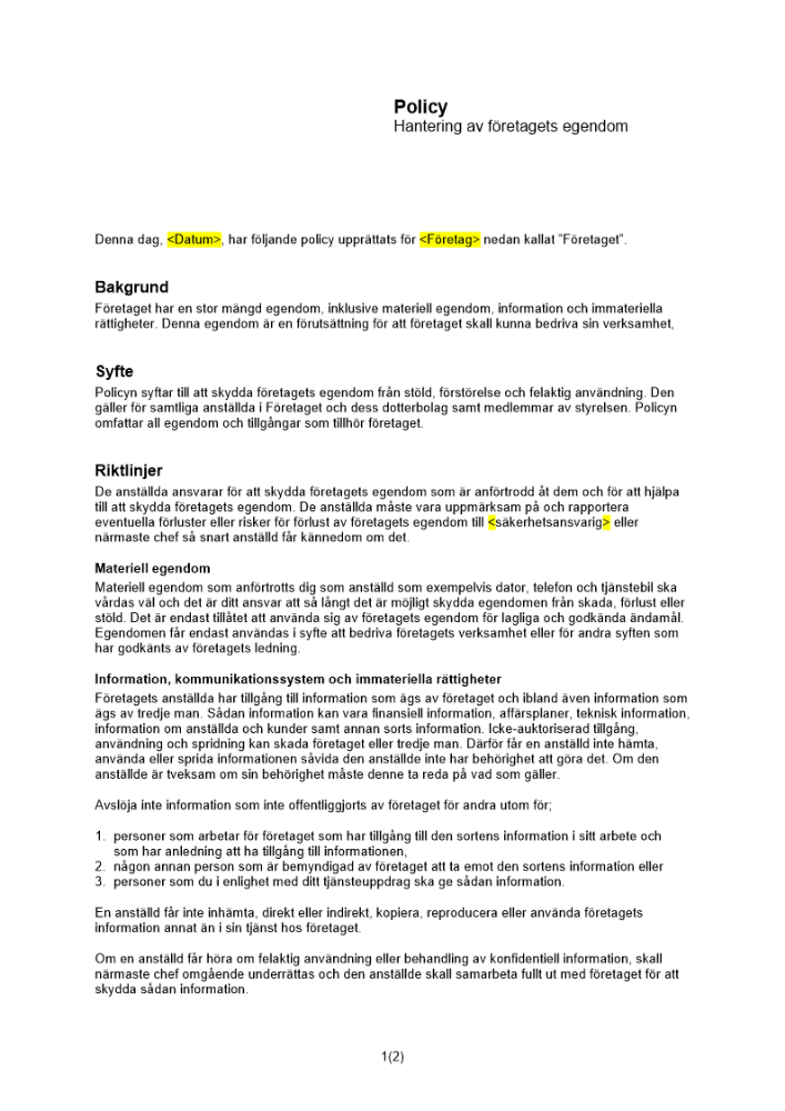 Policy för hantering av företagets egendom