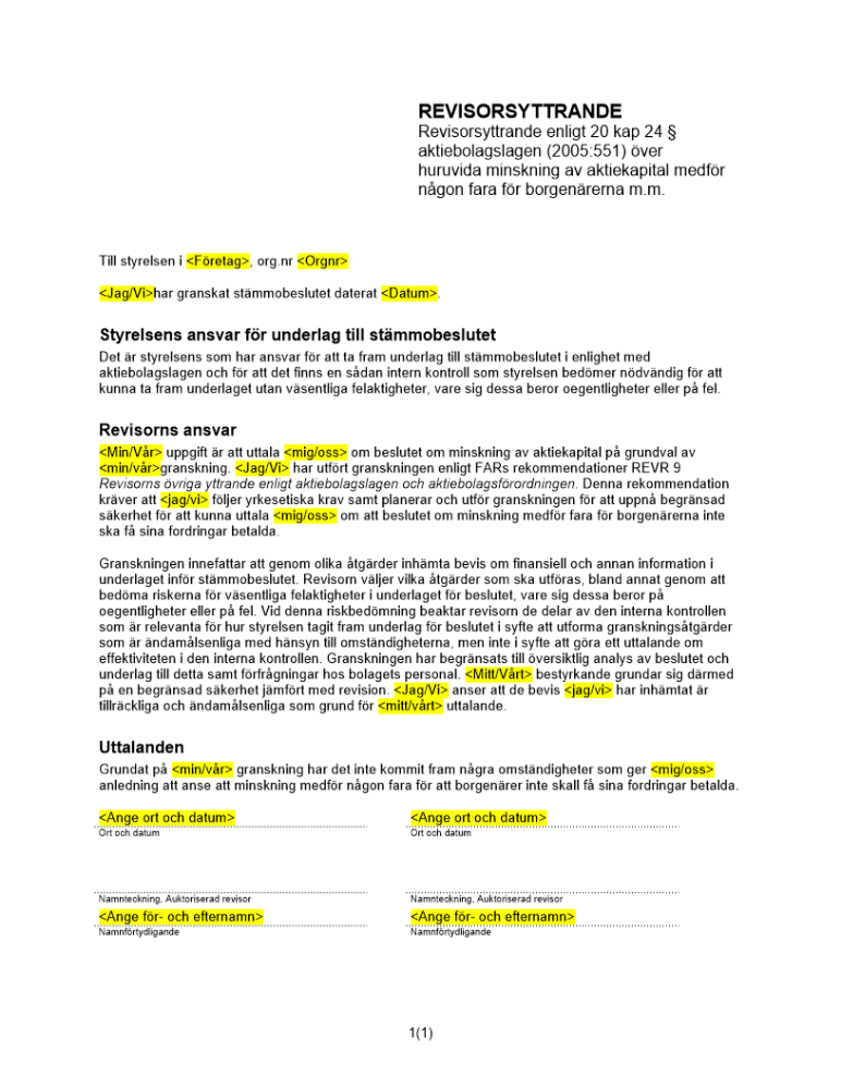 Revisorsyttrande enl 20 kap 24 § ABL