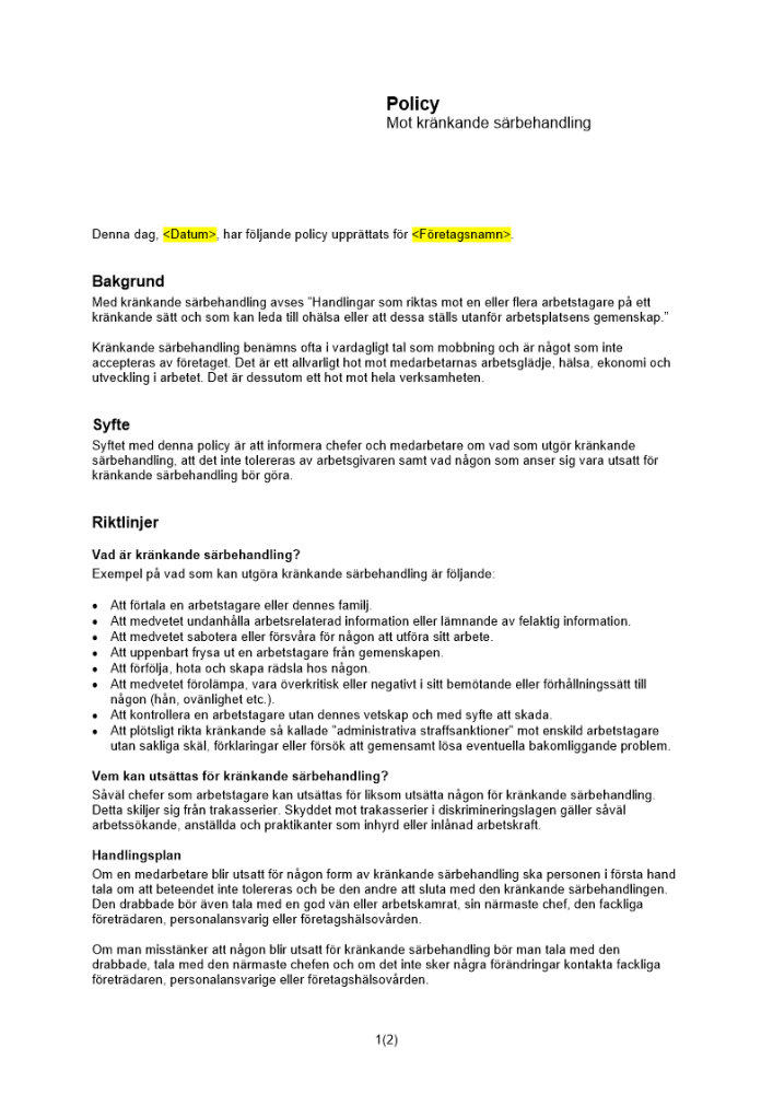 Policy mot kränkande särbehandling