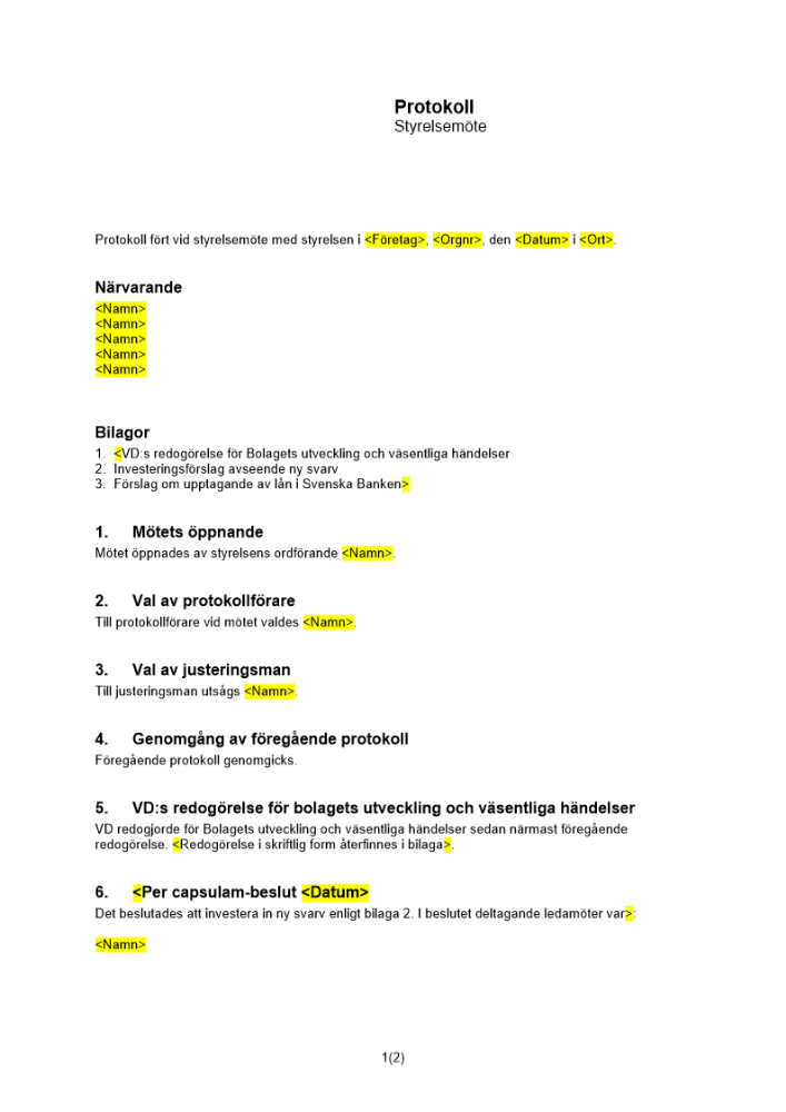 Protokoll styrelsemöte - beslut per capsulam