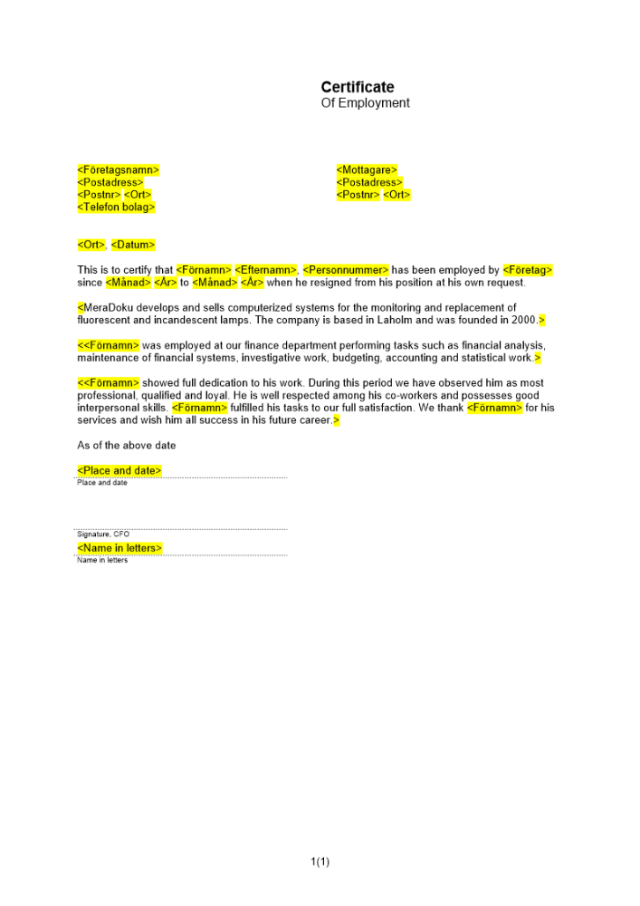 Tjänstgöringsbetyg neutral ton Engelsk