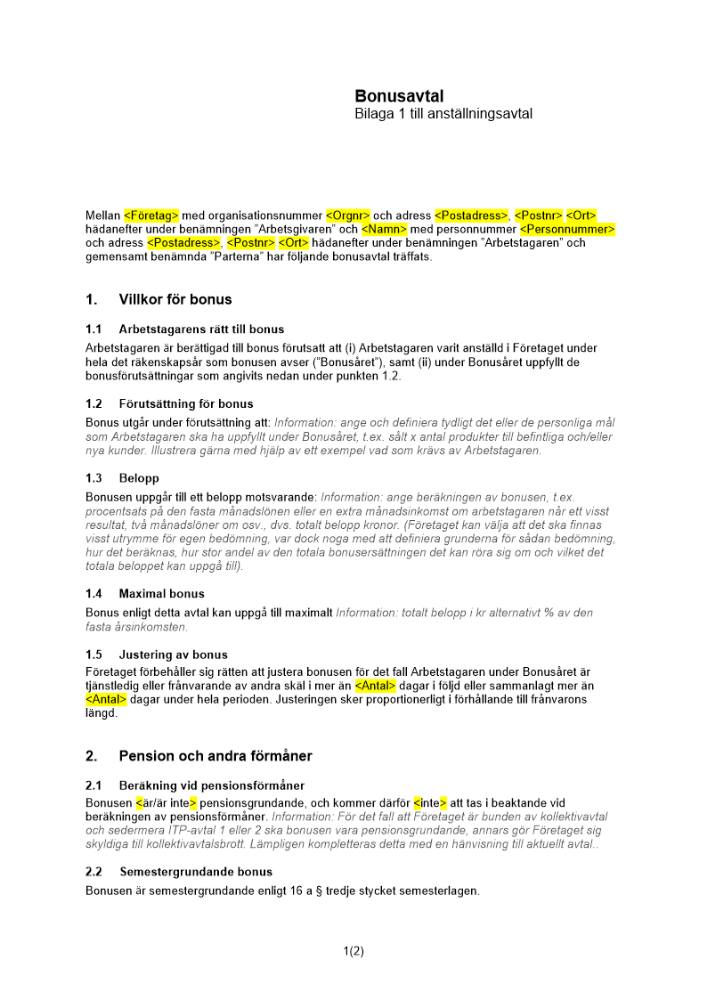 Anställningsavtal bilaga bonus