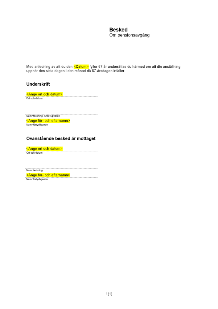 Besked om Pensionsavgång