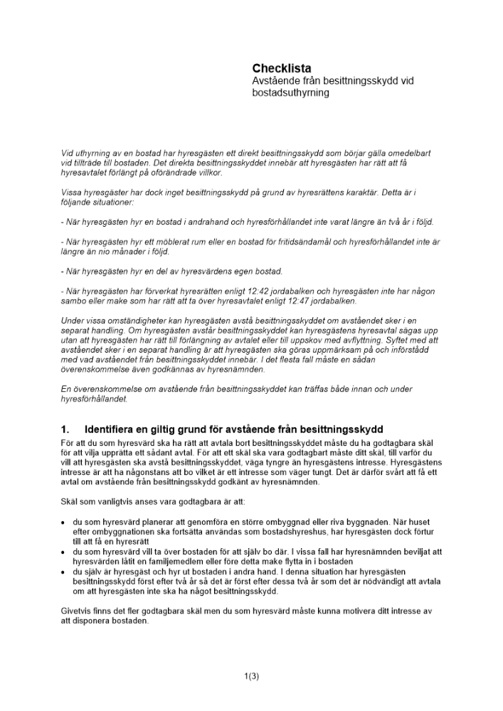 Checklista avstående från besittningsskydd - Bostad