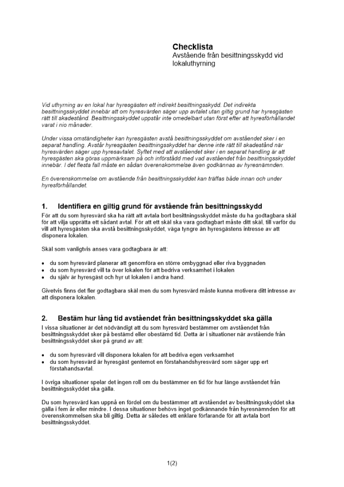 Checklista avstående från besittningsskydd - Lokal