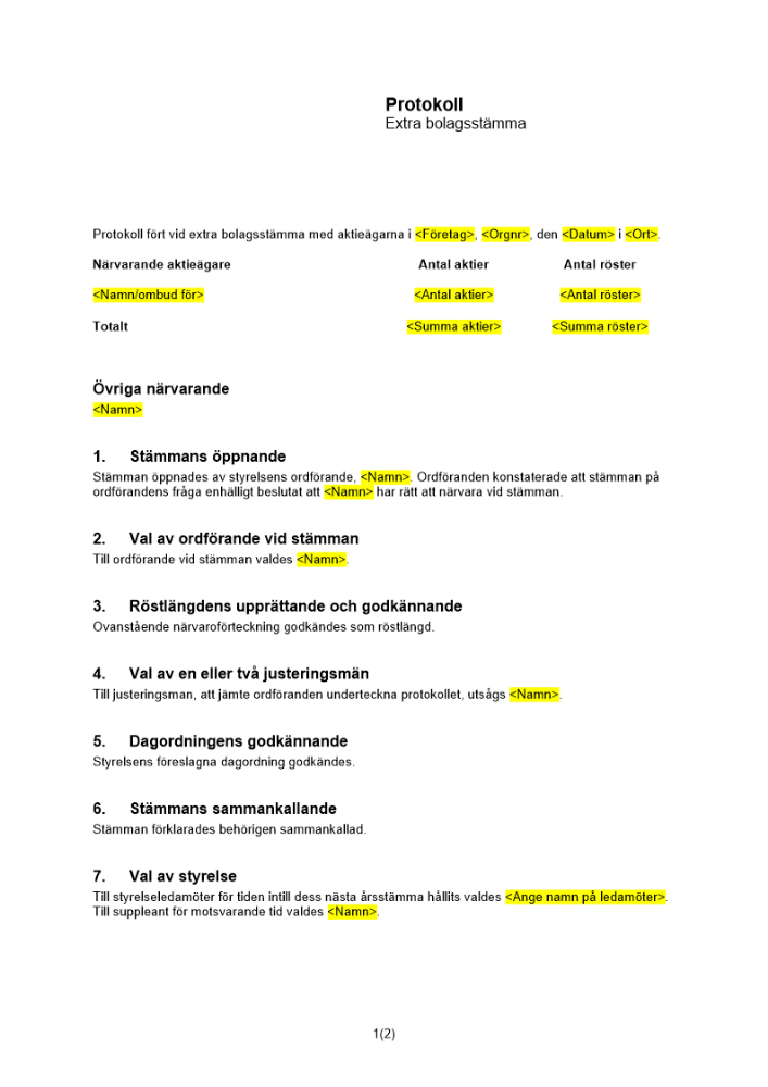 Protokoll extra bolagsstämma ändring av styrelse