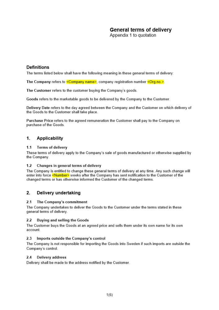 Allmänna leveransvillkor Engelsk