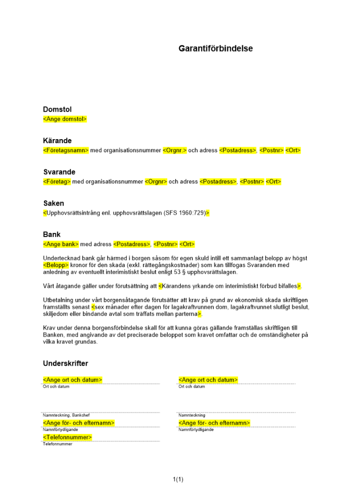 Garantiförbindelse - interimistiska åtgärder vid upphovsrättsintrång