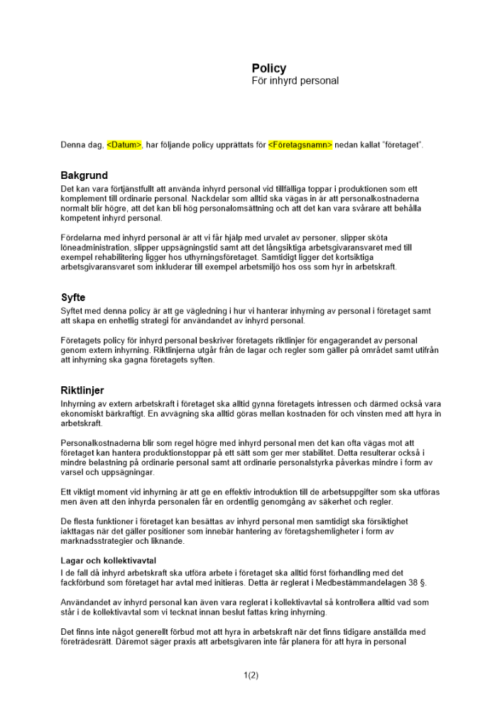 Policy inhyrd personal