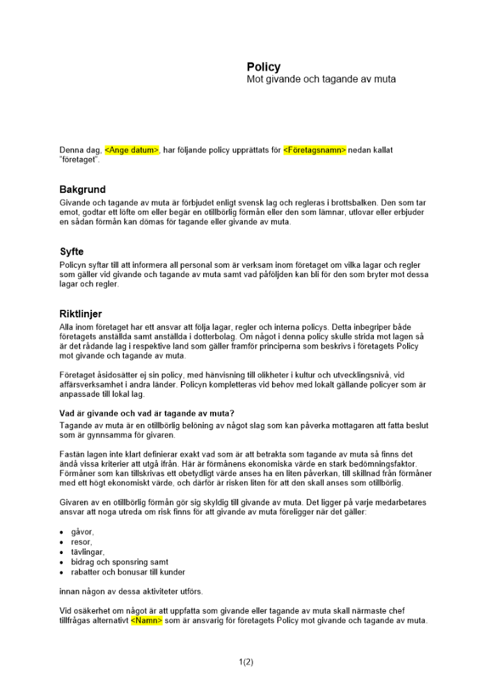 Policy mot givande och tagande av muta