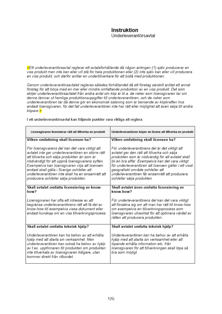 Instruktion upprättande av underleverantörsavtal