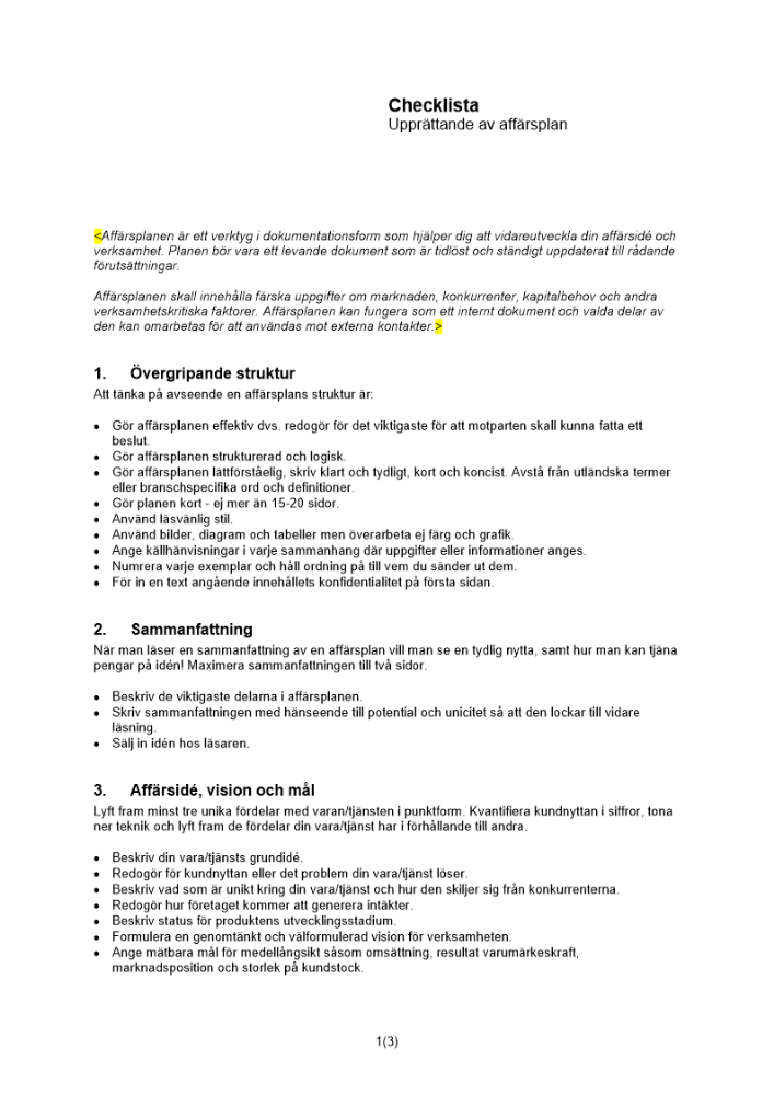 Checklista upprättande av affärsplan