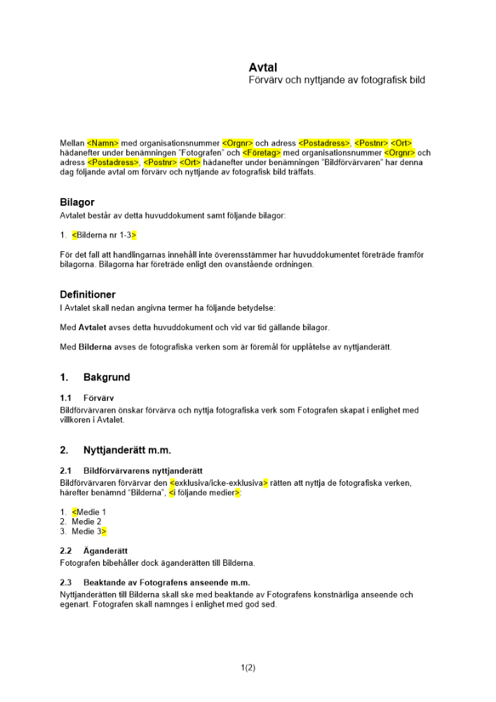 Avtal förvärv och nyttjande av fotografisk bild