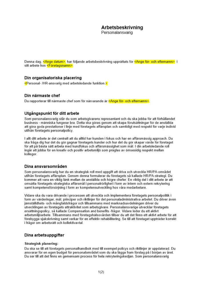 Arbetsbeskrivning personalansvarig