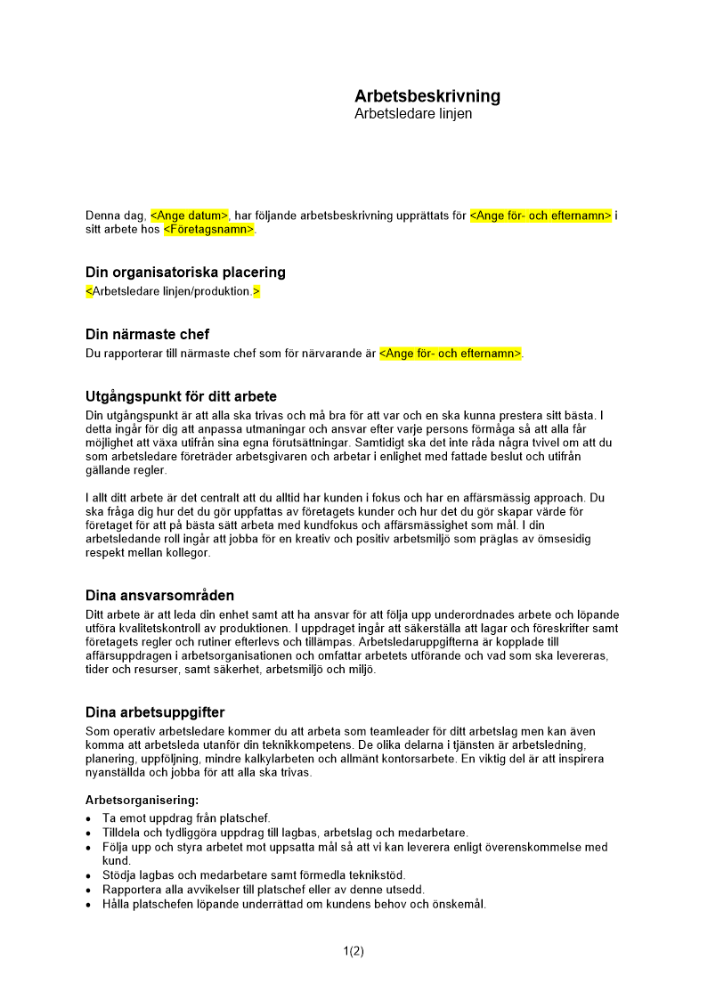 Arbetsbeskrivning arbetsledare linjen