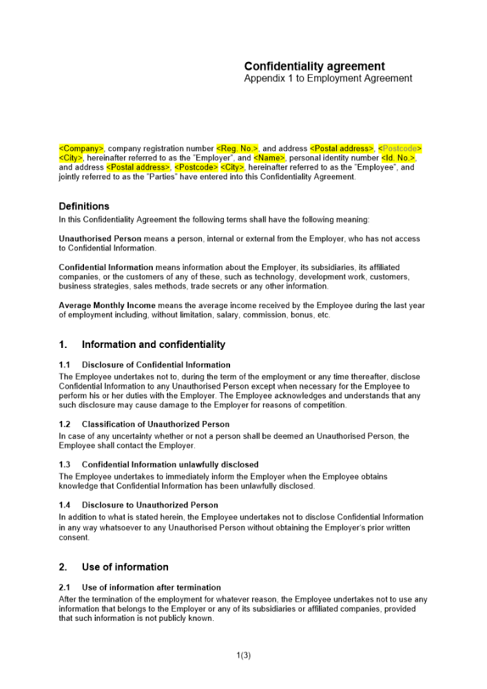 Anställningsavtal bilaga sekretess Engelsk