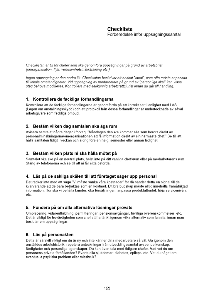 Checklista inför uppsägningssamtal
