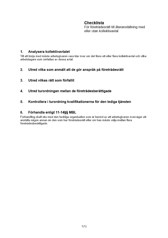 Checklista företrädesrätt återanställning