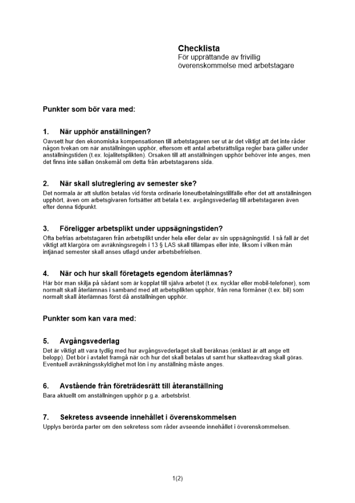 Checklista för frivillig överenskommelse