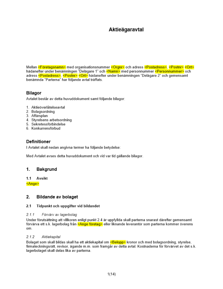 Aktieägaravtal (50-50 - Nybildat bolag)