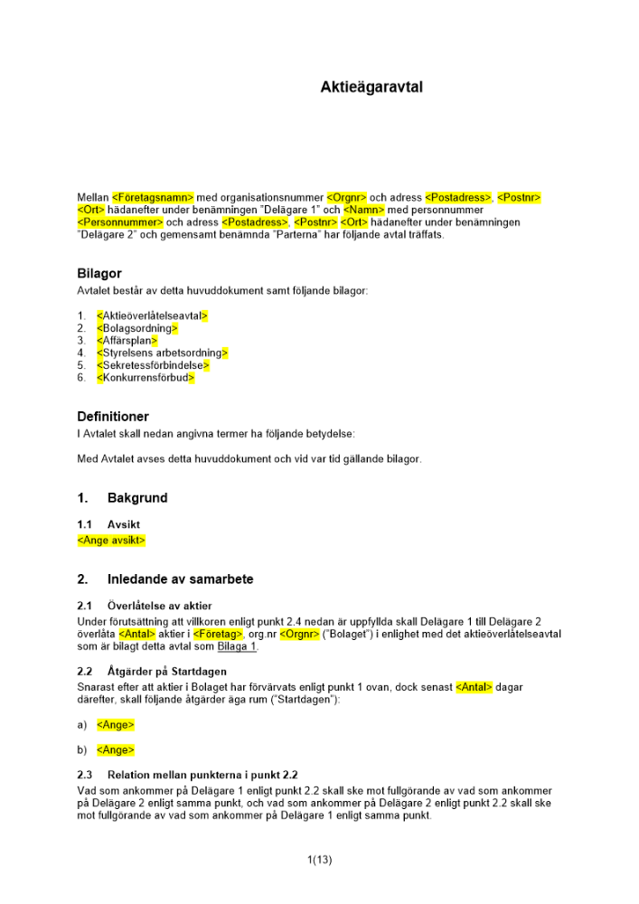 Aktieägaravtal _50-50 - Inträde i existerande bolag_