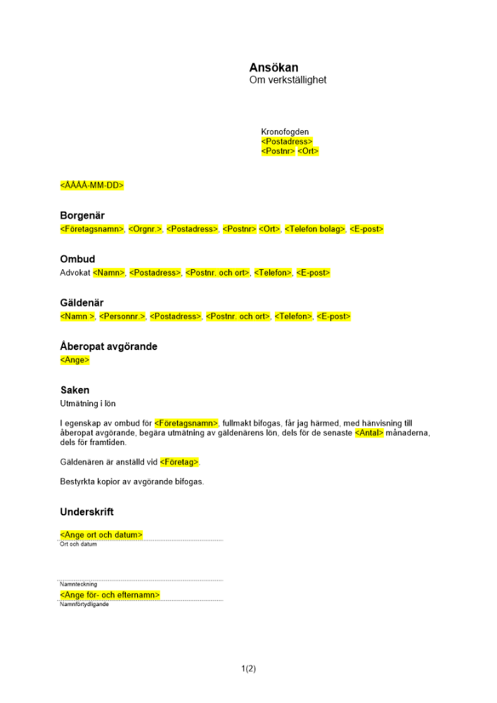 Ansökan om verkställighet (Utmätning i lön)