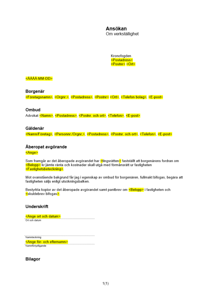 Ansökan om verkställighet (Försäljning av fastighet)