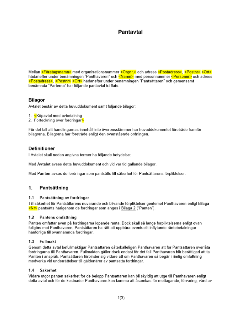 Pantavtal _Detaljerat_ - Fordringar