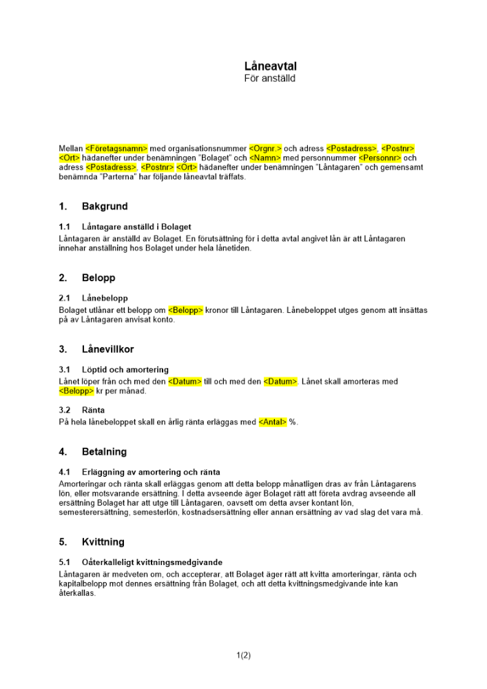 Låneavtal - Avtal med anställd