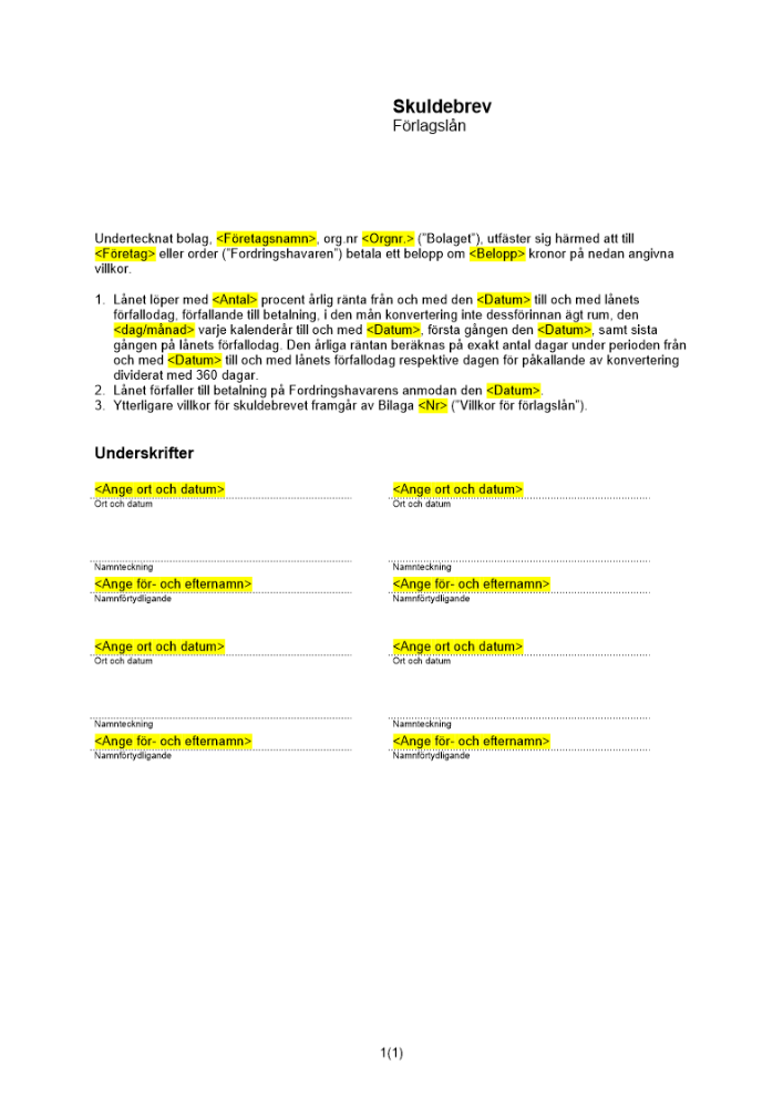 Löpande skuldebrev för förlagslån