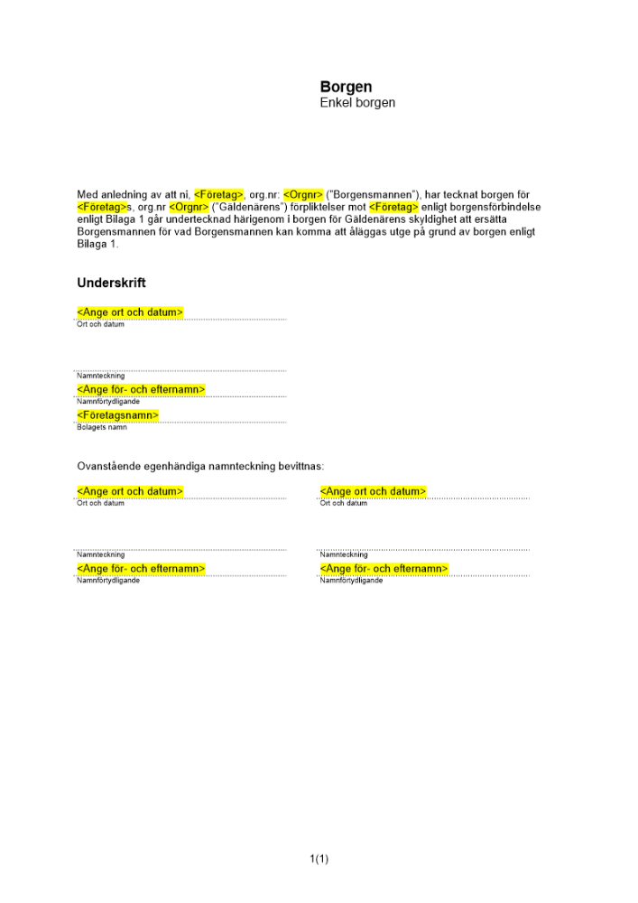 Underborgen av företag (Enkel borgen)