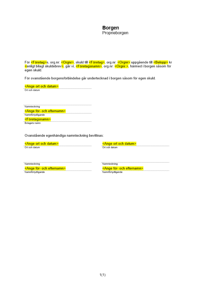 Proprieborgen av företag (Standard med efterborgen)