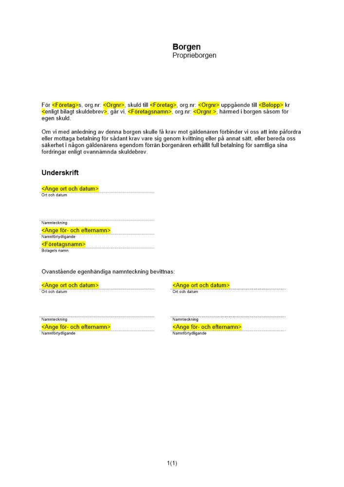 Proprieborgen av företag (Efterställd regressrätt)