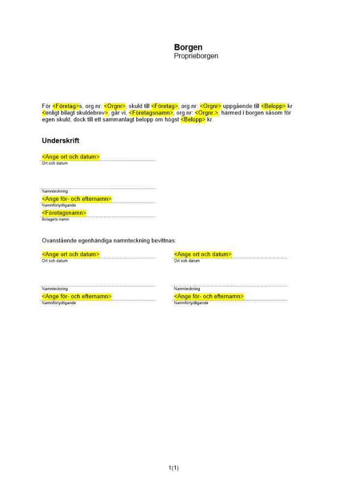 Proprieborgen av företag (Beloppsbegränsad)