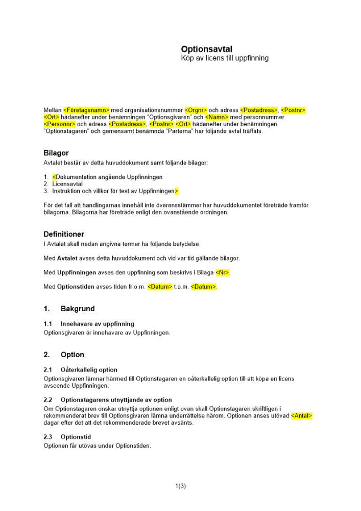 Option till licens av uppfinning