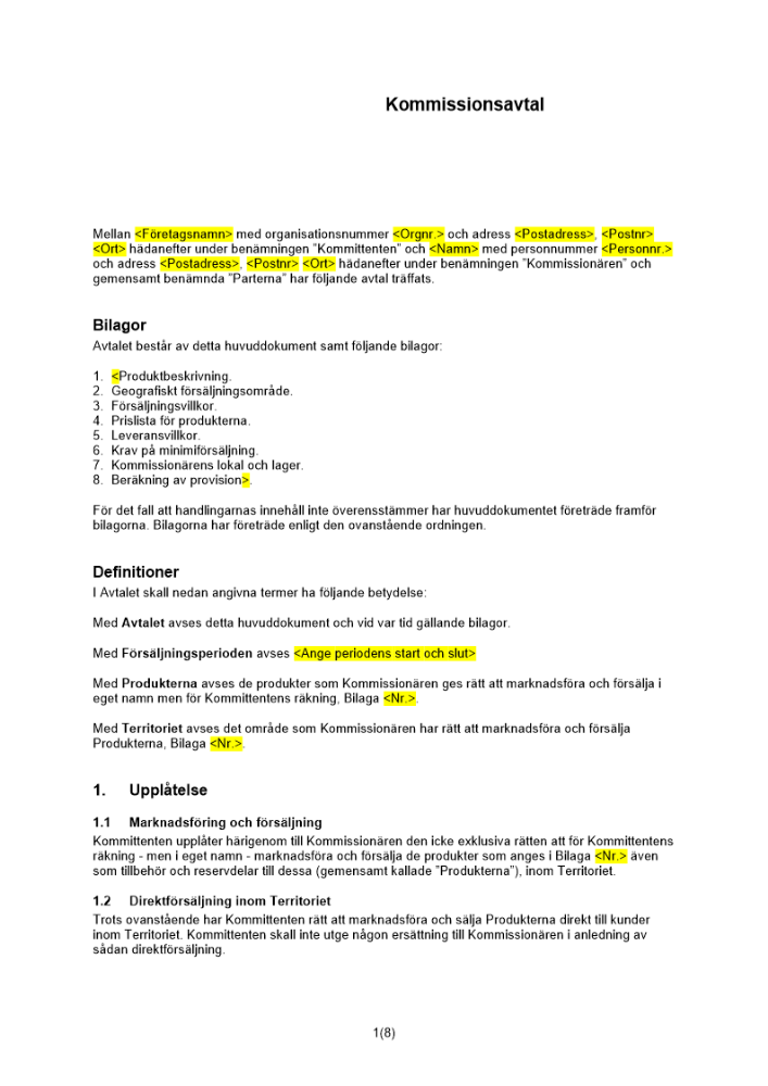 Kommissionsavtal - Ej exklusivt