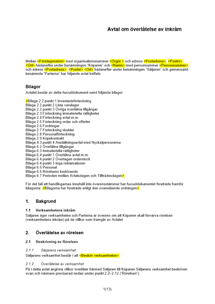 Avtal om överlåtelse av inkråm