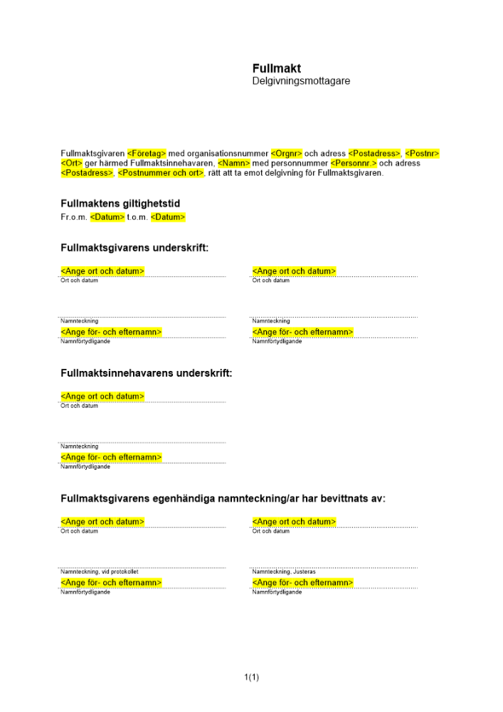 Fullmakt ang delgivningsmottagare