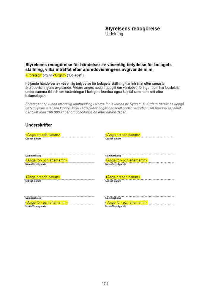 Styrelsens redogörelse enl 18 kap 6 § ABL (Utdelning)